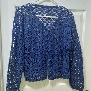 In good condition Blue Hand Crocheted Size L Women’s Cardgan. The item has NO BR